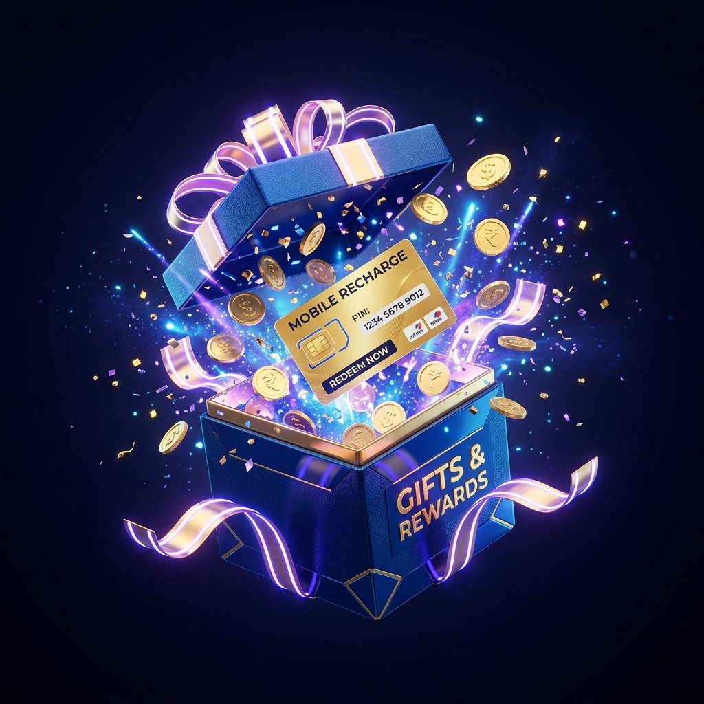 Gift box bursting with coins and a free mobile recharge voucher